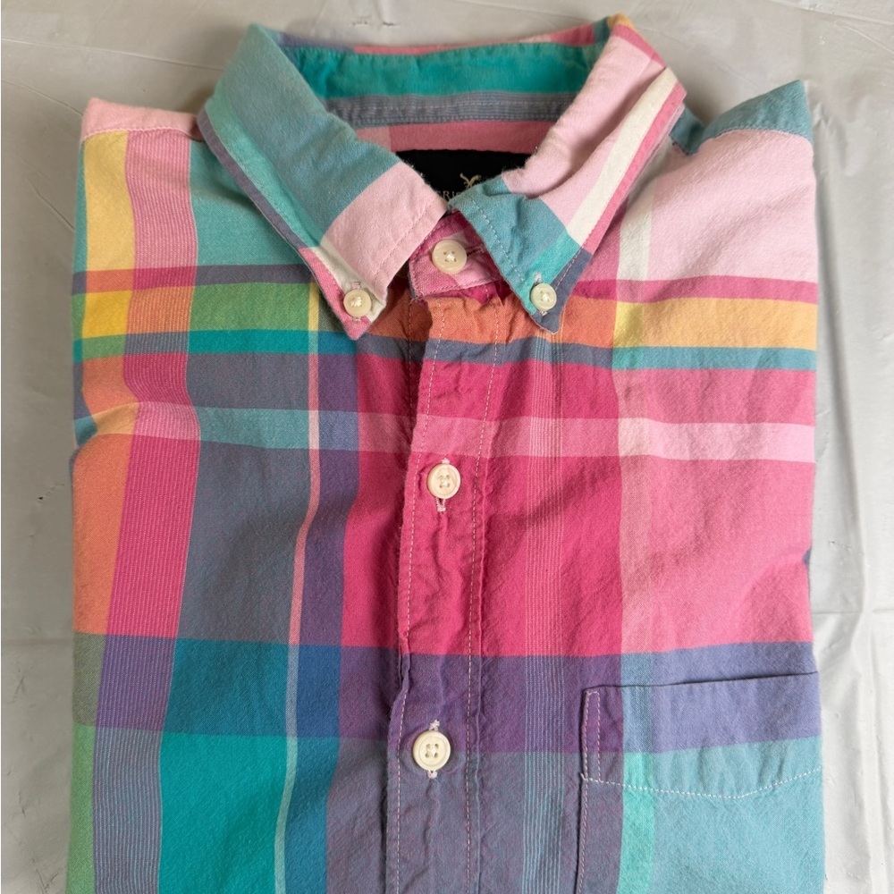 American Eagle Outfitters Colorful Plaid Button-Down Short‎ Sleeve Shirt